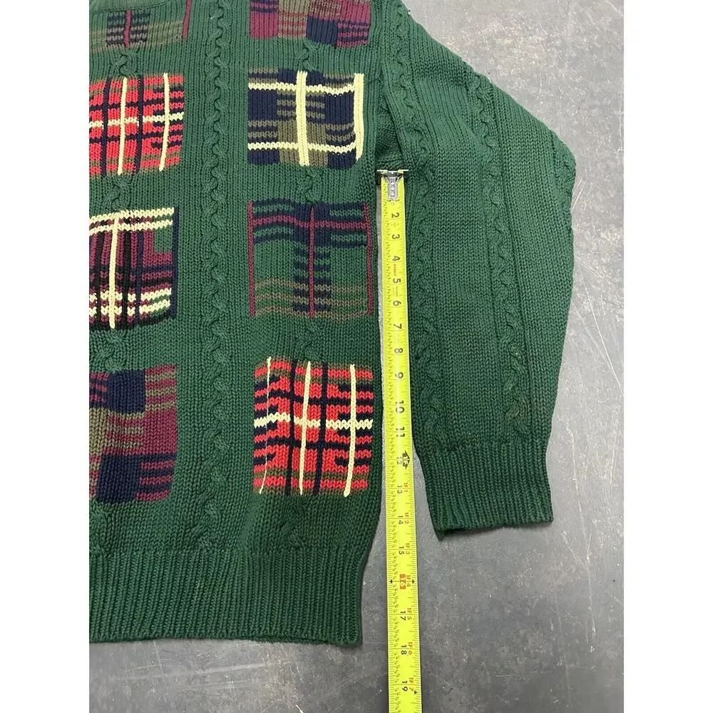 Cable Knit Christmas Sweater Forest Green Geometric Checked Crew Neck Mens Large
